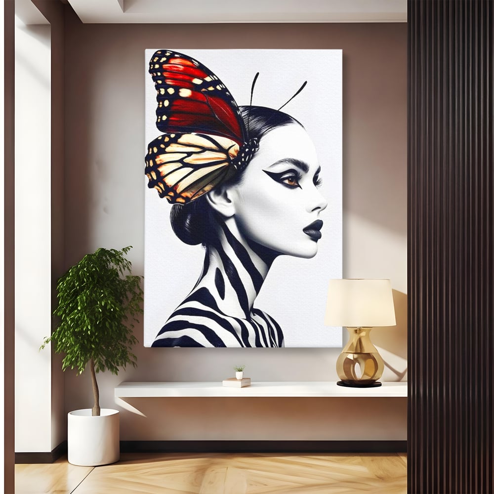 Tablou canvas cu tablou canvas cu femeie si aripa de fluture, fara rama, pe sasiu de lemn